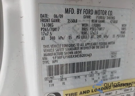 2009 Ford Expedition Xlt из США, поврежденный, VIN 1FMFU165X9EB20343